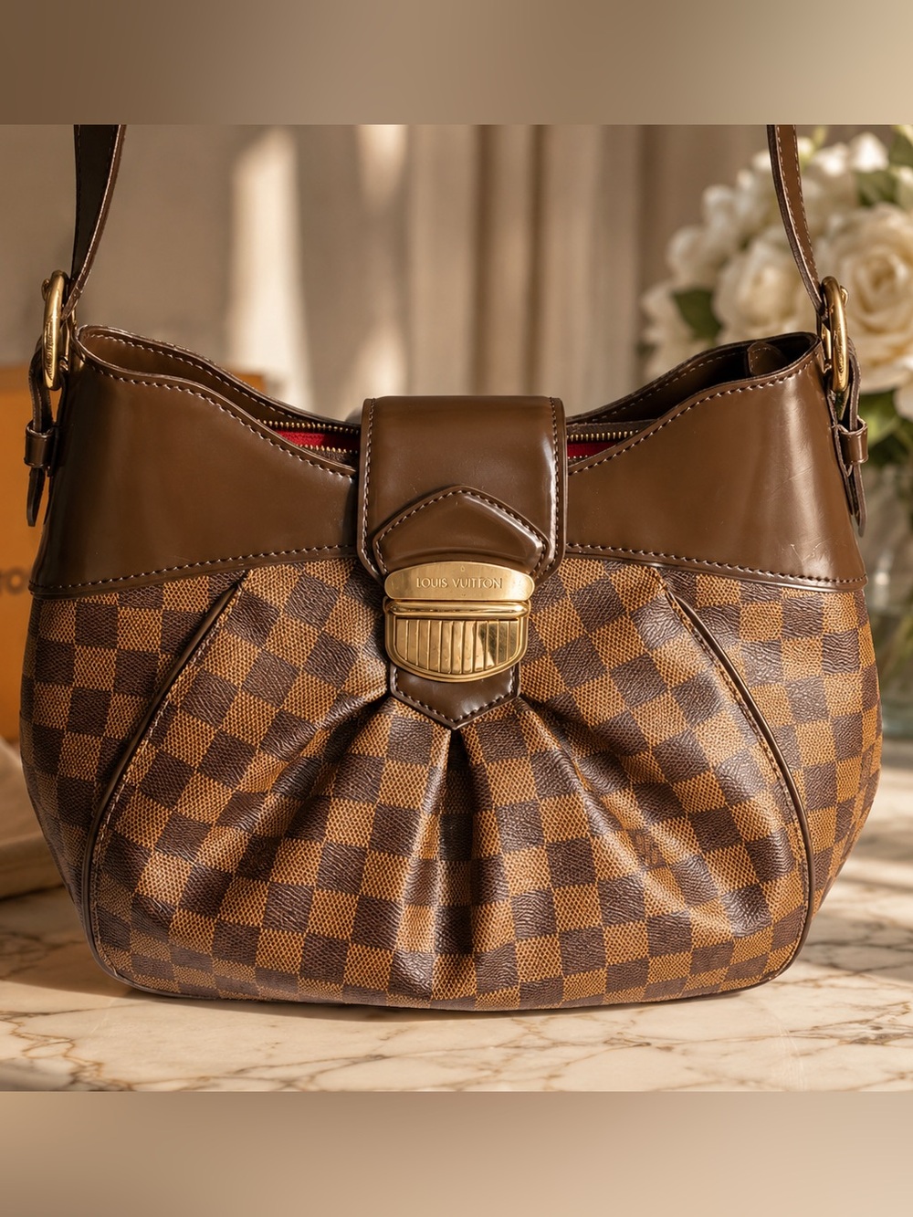 Louis Vuitton Damier Ebene Sistina PM Shoulder Bag Red Alcantara Interior